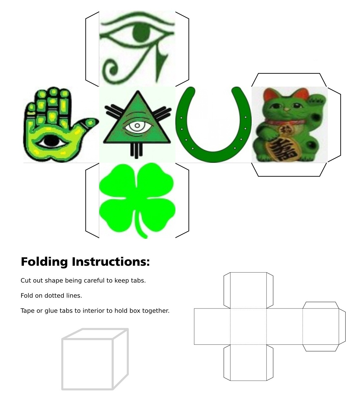 Cube, 3D Cube, Green Maneki Neko, Green Eye of Fatima, Green Eye of Horus, Green Eye of Providence, Green Four Leaf Clover, Green Horseshoe, Green Maneki Neko