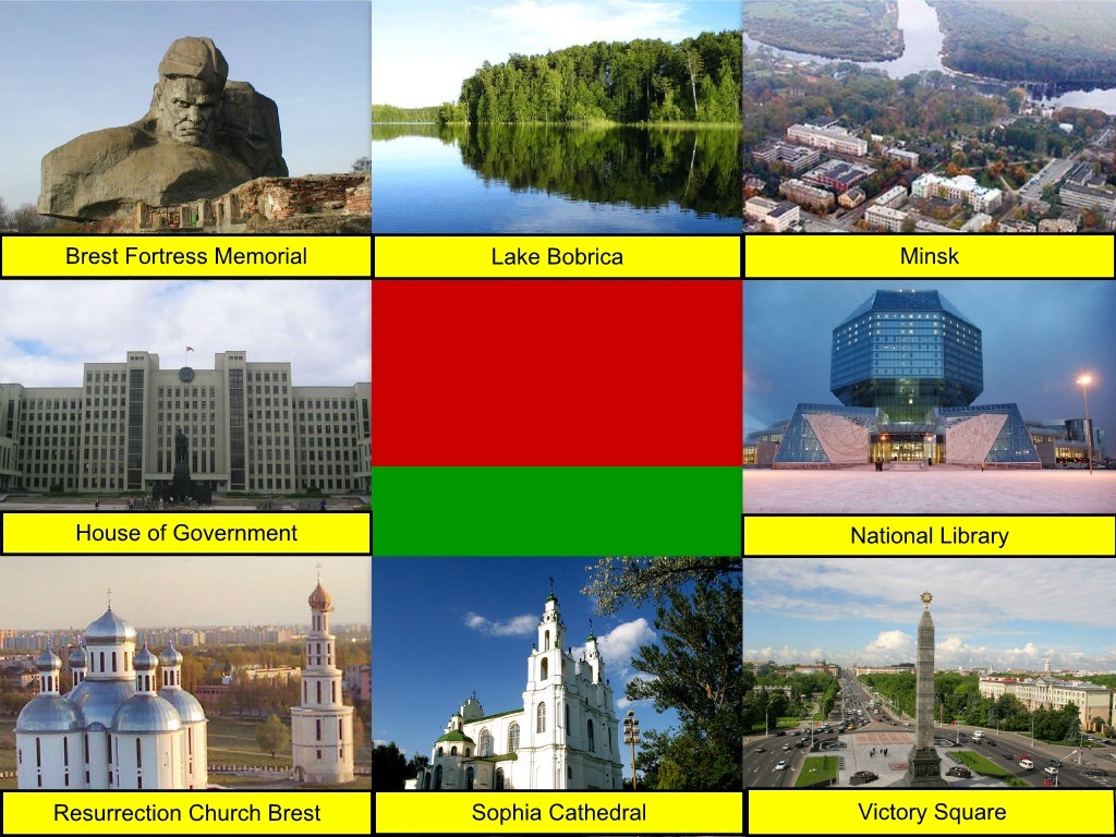 Belarus, Belarusian Flag, Brest Fortress Memorial, Lake Bobrica, Minsk, Minsk House of Government, National Library, Resurrection Church Brest, St Sophia Cathedral, Victory Square