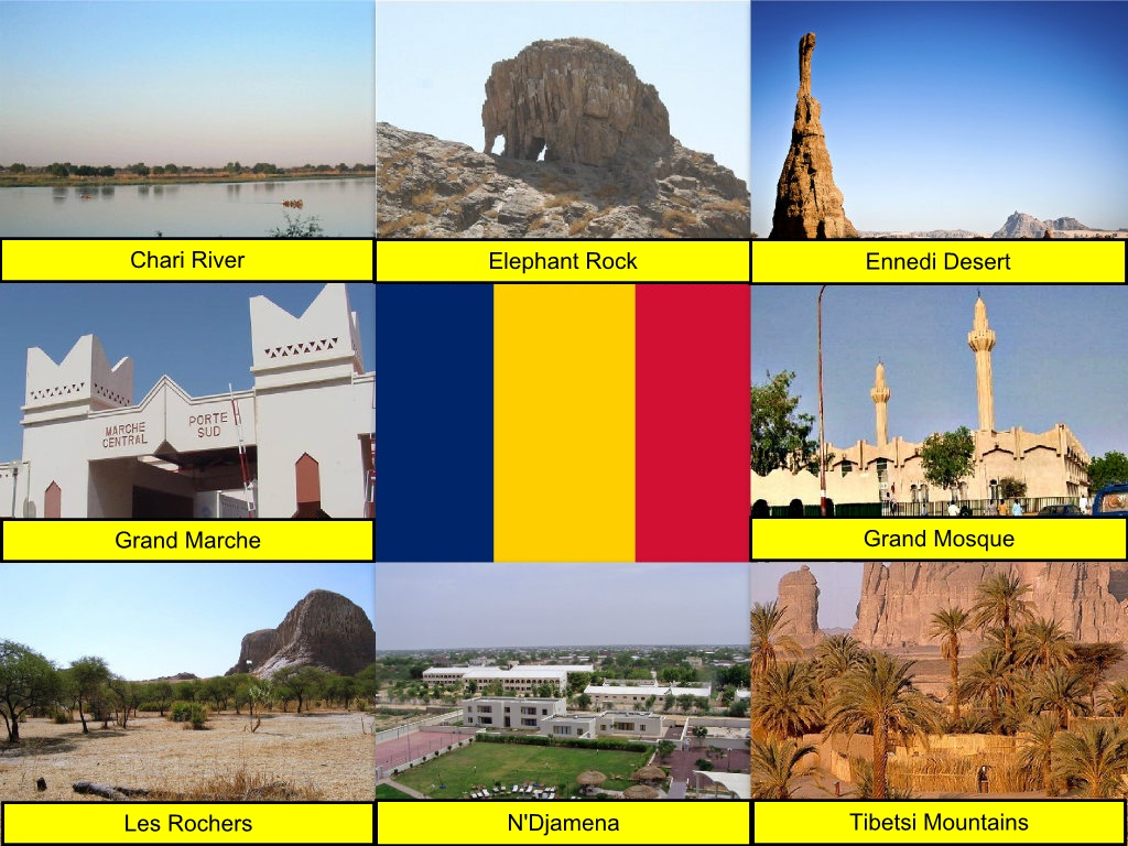 Chad Collage, Chad Flag, Chari River, collage, Elephant Rock, Ennedi Desert, Grand Marche, Grand Mosque, Les Rochers, N'Djamena, Tibetsi Mountains 