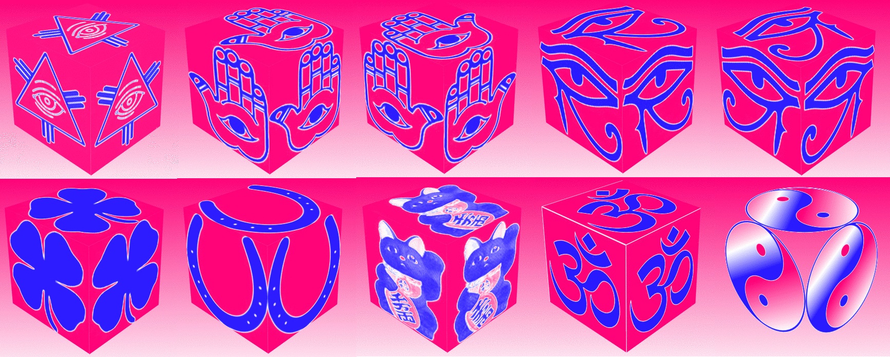 cube, 3d cube, lucky dice, luck symbols, Tritone Eye of Fatima, Tritone Eye of Providence, Tritone Four Leaf Clover, Tritone Horseshoe, Tritone Maneki Neko