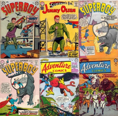 Superboy, Adventure Comics #30, Jimmy Olsen, Giant Turtle Man, Jimmy Olsen, Thought Monster of Krypton, Superboy #87, Superboy #102, Adventure Comics #185, Griffin, Adventure Comics #196, Kingorilla, Giant Ape. 