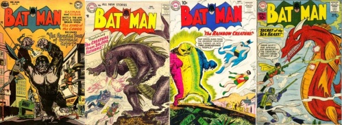Batman, Batman #75, Gorilla Boss, Batman #104, The Creature from 20,000 Fathoms, Batman #134, Rainbow Creature, Batman #138, Sea Beast, #142-Tezcatlipoca, #143 – Bat-Hound and the Creature, and #162 – The Batman Creature. 