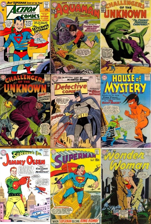 Giant Transformations, Giant Collage Key, Action #325, Giant Superboy, Aquaman #2, Giant Aqualad, Challengers of the Unknown #20, Giant Rocky, Challengers of the Unknown #36, Giant Rocky, Detective Comics #243, Giant Batman, House of Mystery #143, Giant Zook, Jimmy Olsen #77, Giant Jimmy Olsen, Superman #226, Giant Superman, Wonder Woman #136, Giant Wonder Woman 