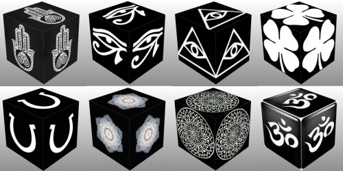 Cube, 3D Cube, Dice, White Eye of Horus, White Eye of Fatima, White Eye of Providence, White Four Leaf Clover, White Horseshoe, White Lotus Flower, White Mandala, collage