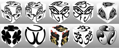 cube, 3d cube, lucky dice, luck symbols, Black Eye of Fatima, Black Eye of Providence, Black Four Leaf Clover, Black Horseshoe, Black Maneki Neko, Black Om, Black Ying Yang