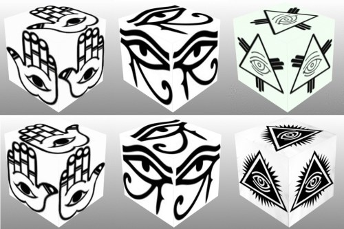 Cube, 3D cube, Eye of Fatima Right, Eye of Fatima Left, Eye of Horus Right, Eye of Horus Left, Eye of Providence, collage