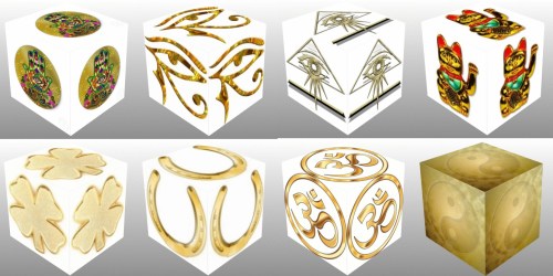 cube, 3d cube, lucky dice, luck symbols, Gold Eye of Fatima, Gold Eye of Providence, Gold Four Leaf Clover, Gold Horseshoe, Gold Maneki Neko, Gold Om, Gold Ying Yang, collage