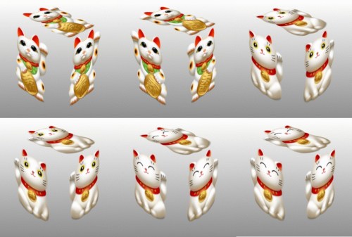 Maneki Neko, collage, cubes, bib, bell, coin