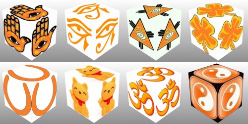 Cube, 3D Cube, Orange Eye of Horus, Orange Maneki Neko, Orange Om, Orange Ying Yang, Orange Hand Fatima, Orange Eye of Providence, Orange Four Leaf Clover, Orange Horseshoe, lucky dice, luck symbols, collage