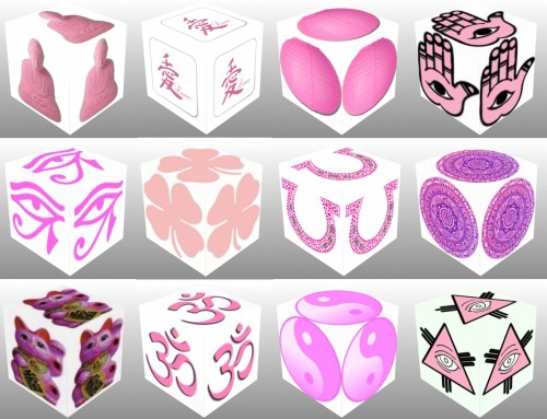 Cube, 3D Cube, Pink Maneki Neko, Pink Eye of Fatima, Pink Eye of Horus, Pink Eye of Providence, Pink Four Leaf Clover, Pink Horseshoe, Pink Maneki Neko, Pink Buddha, Pink Chinese Calligraphy, Pink Lotus Flower, Pink Om, Pink Ying Yang