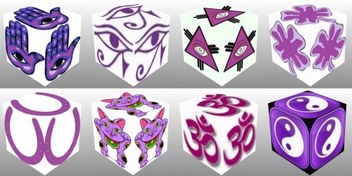 Cube, 3D Cube, Purple Eye of Horus, Purple Maneki Neko, Purple Om, Purple Ying Yang, Purple Eye of Fatima, Purple Eye of Providence, Purple Horseshoe, Purple Four Leaf Clover, lucky charms, lucky amulets, collage