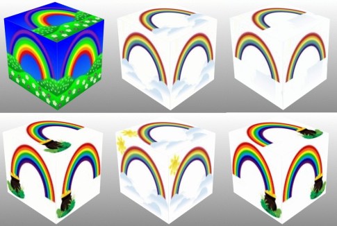 Rainbow over field, Rainbow and two clouds cube, Rainbow alone, Rainbow with pot on the left, Rainbow with pot on the right, Rainbow and two clouds and sun, 3Dcube, dice, dice, Good Luck, collage