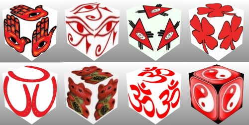 Cube, 3D Cube, Red Eye of Horus, Red Maneki Neko, Red Om, Red Ying Yang, Red Eye of Fatima, Red Eye of Providence, Red Horseshoe, Red Ying Yang, lucky dice, luck symbols