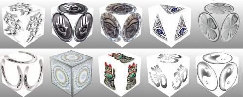 cube, 3d cube, lucky dice, luck symbols, Silver Eye of Fatima, Silver Eye of Providence, Silver Four Leaf Clover, Silver Horseshoe, Silver Maneki Neko, Silver Om, Silver Ying Yang, collage