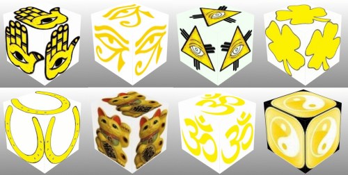Cube, 3D Cube, Yellow Eye of Horus, Yellow Maneki Neko, Yellow Om, Yellow Ying Yang, Yellow Eye of Fatima, Yellow Eye of Providence, Yellow Horseshoe, Yellow Four Leaf Clover