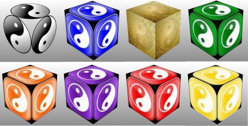 Dice, Cube, 3D Cube, Blue Ying Yang Symbol, Red Ying Yang Symbol, Purple Ying Yang Symbol, Orange Ying Yang Symbol, Green Ying Yang Symbol, Yellow Ying Yang Symbol, Black Ying Yang Symbol, Gold Ying Yang Symbol, collage, lucky charms, luck
