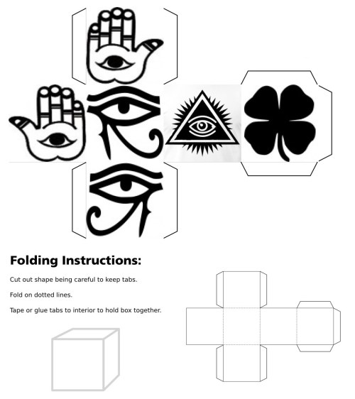 cube, 3d cube, lucky dice, luck symbols, Black Eye of Fatima, Black Eye of Providence, Black Four Leaf Clover, Black Horseshoe, Black Maneki Neko, Black Om, Black Ying Yang