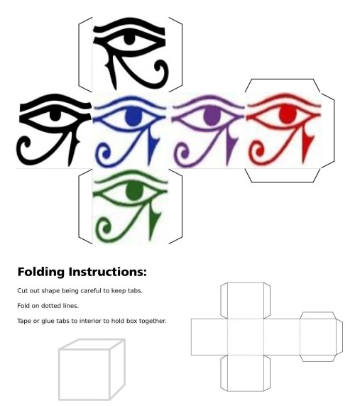 3D cube, dice, Eye of Horus, Left Eye of Horus, Blue Eye of Horus, Green Eye of Horus, Purple Eye of Horus, Red Eye of Horus