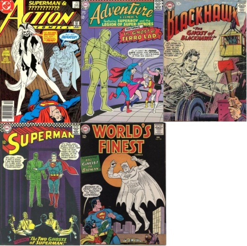 Ghost Collage Key, Action Comics #595, Superman Ghost, Adventure Comics #357, The Ghost of Ferro Lad, Blackhawk #127, Blackhawk Ghost, Superman #186, Clark Kent Ghost, Superman Ghost, World’s Finest #130, Batman Ghost