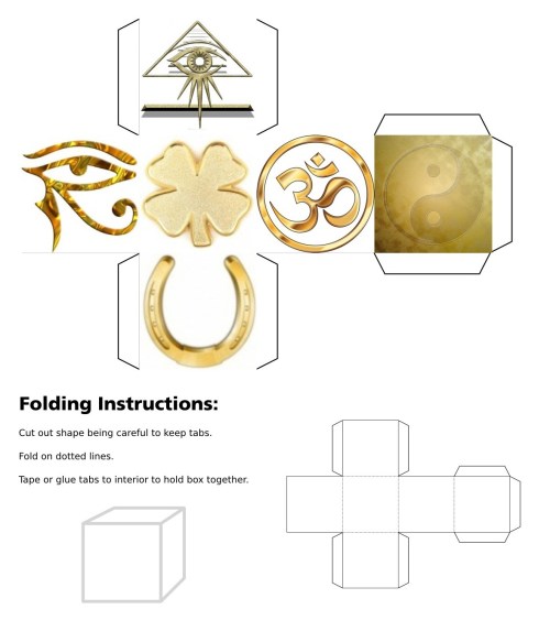 cube, 3d cube, lucky dice, luck symbols, Gold Eye of Fatima, Gold Eye of Providence, Gold Four Leaf Clover, Gold Horseshoe, Gold Maneki Neko, Gold Om, Gold Ying Yang