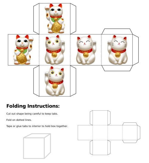 Maneki Neko, collage, cubes, bib, bell, coin