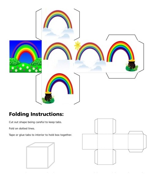 Rainbow over field, Rainbow and two clouds cube, Rainbow alone, Rainbow with pot on the left, Rainbow with pot on the right, Rainbow and two clouds and sun, 3Dcube, dice, dice, Good Luck