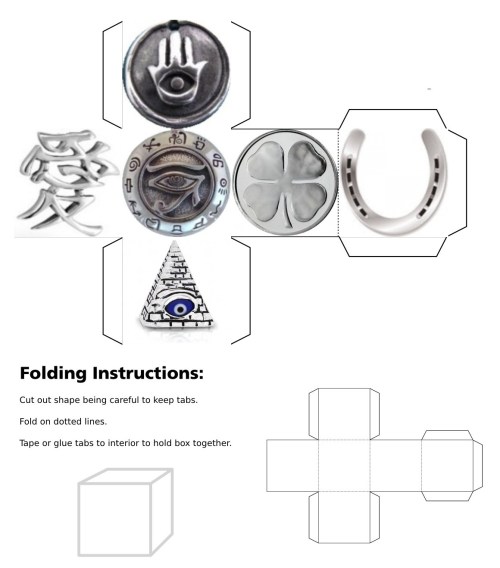 cube, 3d cube, lucky dice, luck symbols, Silver Eye of Fatima, Silver Eye of Providence, Silver Four Leaf Clover, Silver Horseshoe, Silver Maneki Neko, Silver Om, Silver Ying Yang
