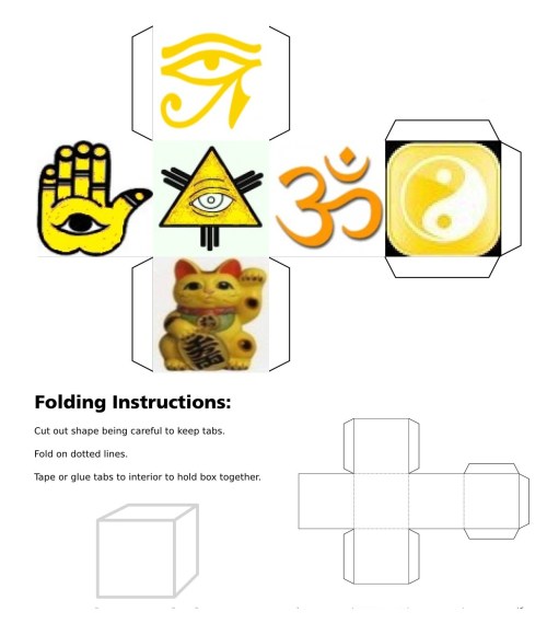 Cube, 3D Cube, Yellow Eye of Horus, Yellow Maneki Neko, Yellow Om, Yellow Ying Yang, Yellow Eye of Fatima, Yellow Eye of Providence