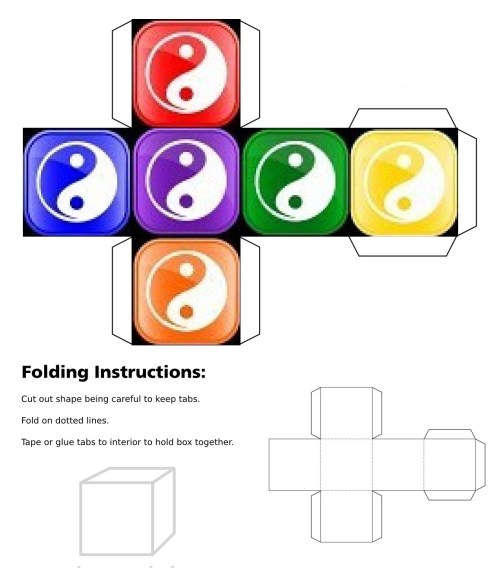 Dice, Cube, 3D Cube, Blue Ying Yang Symbol, Red Ying Yang Symbol, Purple Ying Yang Symbol, Orange Ying Yang Symbol, Green Ying Yang Symbol, Yellow Ying Yang Symbol