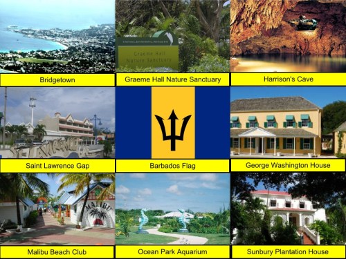 Barbados Flag, Bridgetown, George Washington House, Graeme Hall Nature Sanctuary, Harrison's Cave, Malibu Beach Club, Ocean Park Aquarium, Saint Lawrence Gap, Sunbury Plantation House and Museum