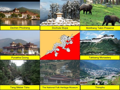 Bhutan Flag, Dechen Phodrang, Dochula Stupa, Motithang Takin Preserve, Punakha Dzong, Taktsang Monastery, Tang Mebar Tsho, The National Folk Heritage Museum, Thimphu