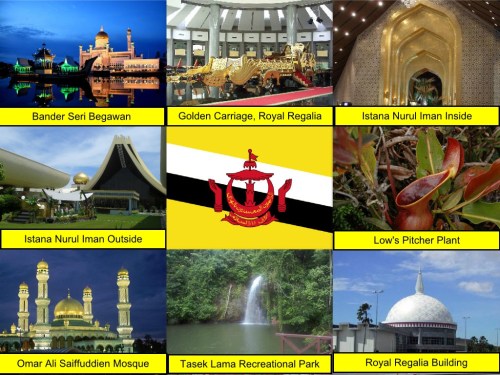 Brunei Collage, collage, Bandar Seri Begawan, Golden Carriage, Royal Regalia, Istana Nurul Iman, Brunei Flag, Low's Pitcher Plant, Omar Ali Saiffuddien Mosque, Tasek Lama Recreational Park, The Royal Regalia Building