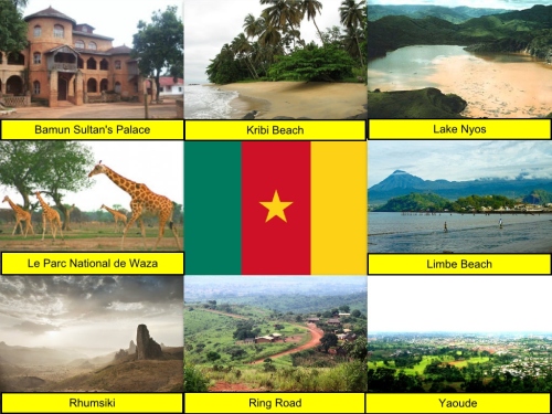 Cameroon Collage, Cameroon Flag, collage, Bamun Sultan's Palace, Kribi Beach, Lake Nyos, Le Parc National de Waza, Limbe Beach, Rhumsiki, Ring Road, Yaoude