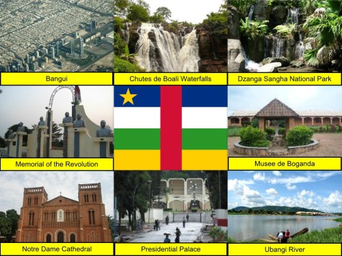 Bangui, Chutes De Boali Waterfalls, Central African Republic Collage, Central African Republic Flag, collage, Dzanga-Sangha National Park, Memorial of the Revolution, Musee de Boganda, Nortre Dame Cathedral, Presidential Palace, Ubangi River