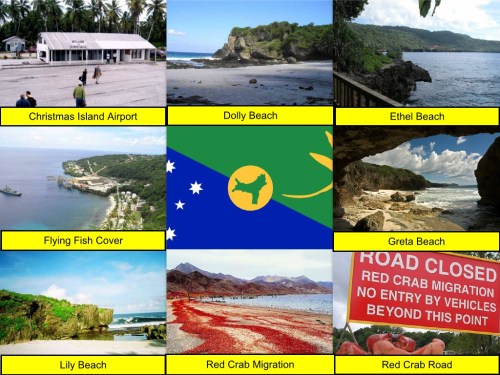 Christmas Island Collage, collage, Christmas Island Flag, Christmas Island National Park, Christmas Island Airport, Dolly Beach, Ethel Beach, Flying Fish Cove, Greta Beach, Lily Beach, Red Crab, Red Crab Migration