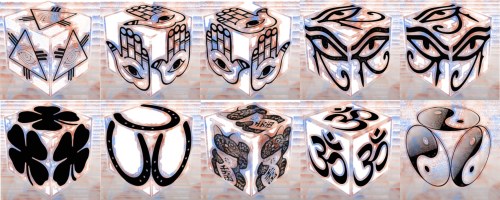 cube, 3d cube, lucky dice, luck symbols, Color Noise Eye of Fatima, Color Noise Eye of Providence, Color Noise Four Leaf Clover, Color Noise Horseshoe, Color Noise Maneki Neko