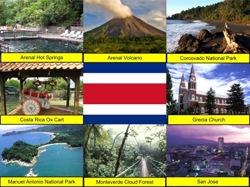 Arenal Hot Springs, Arenal Volcano, Corcovado National Park, Costa Rica Collage, collage, Costa Rica Ox Cart, Costa Rican Flag, Grecia Church, Manuel Antonio National Park, Monteverde Cloud Forest, San Jose