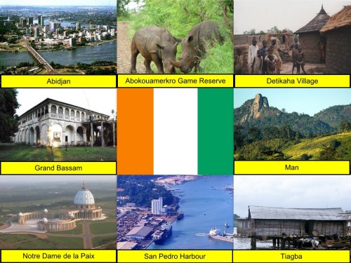 Abidjan, Abokouamekro Game Reserve, Cote D'Ivoire Collage, Cote D'ivoire Flag, collage, Detikaha Village, Man, Notre Dame de la Paix, San Pedro Harbour, Tiagba