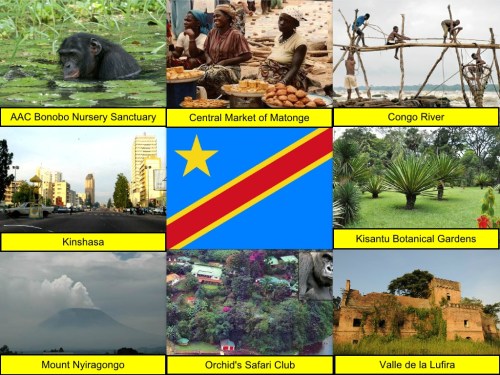 AAC Bonobo Nursery Sanctuary, Central Market of Matongé, collage, Congo River, Democratic Republic of Congo Collage, Democratic Republic of Congo Flag, Kinshasa, Kisantu Botanical Gardens, Mount Nyiragongo, Orchid's Safari Club, Valle de la Lufira