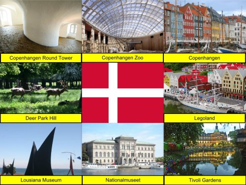 collage, Copenhagen Round Tower, Copenhagen Zoo, Copenhagen, Deer Park Hill, Denmark Collage, Denmark Flag, Legoland, Louisiana Museum, Nationalmuseet, Tivoli Gardens