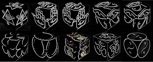 cube, 3d cube, lucky dice, luck symbols, Neon Eye of Fatima, Neon Eye of Providence, Neon Four Leaf Clover, Neon Horseshoe, Neon Maneki Neko