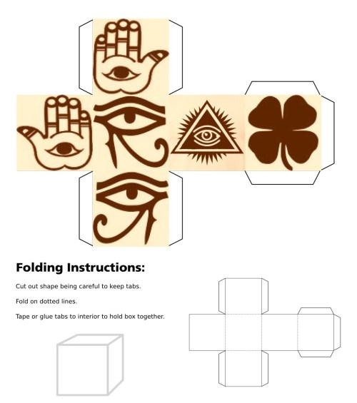 cube, 3d cube, lucky dice, luck symbols, Sepia Eye of Fatima, Sepia Eye of Providence, Sepia Four Leaf Clover, Sepia Horseshoe, Sepia Maneki Neko