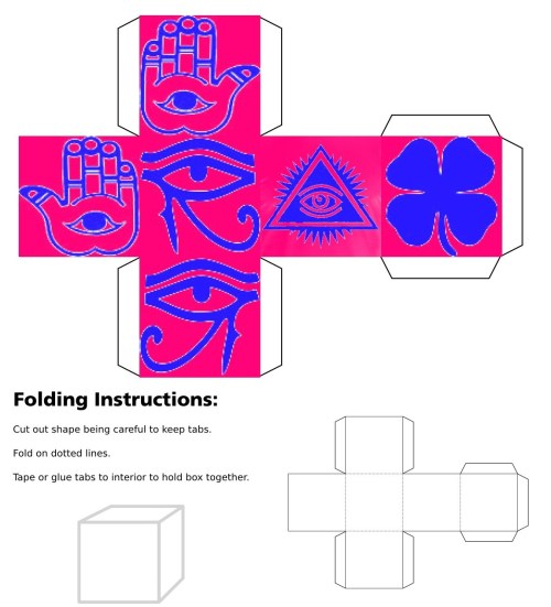 cube, 3d cube, lucky dice, luck symbols, Tritone Eye of Fatima, Tritone Eye of Providence, Tritone Four Leaf Clover, Tritone Horseshoe, Tritone Maneki Neko