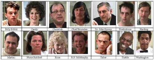 Billy Bibbit, Candy, Charlie Cheswick, Chief Bromden, Dr. John Spivey, Fredrickson, Harding, Martini, Nurse Mildred Ratched, R.P. McMurphy, Rose, Taber, Turkle, Washington