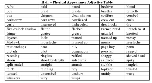 Hair – Physical Appearance Adjective Table