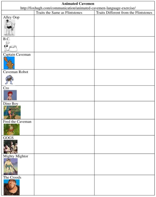 Alley Oop, B.C., Captain Caveman, Cavemen, Caveman Robot, Cro, Dino Boy, Flintstone Fred the Caveman, GOGS, Mighty Mightor, The Croods