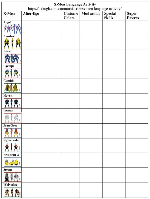 X-Men Language Activity Table Resized