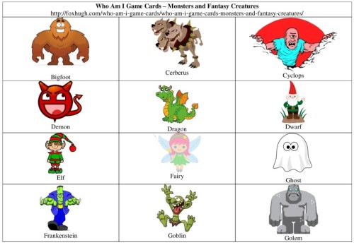 Who Am I Game Cards Monsters and Fantasy Creatures Table